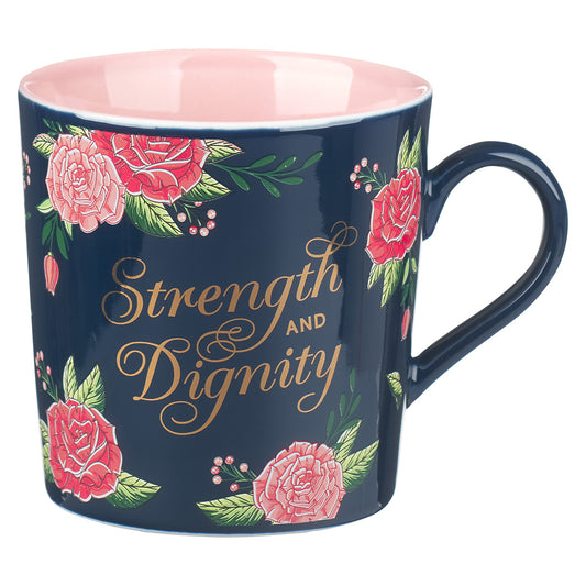 Strength And Dignity Navy And Pink Floral Ceramic Mug - Proverbs 31:25