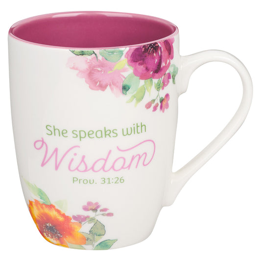 She Speaks With Wisdom Ceramic Mug With Pink Interior - Proverbs 31:26