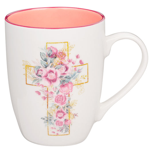 Floral Cross Ceramic Mug With Pink Rim & Interior