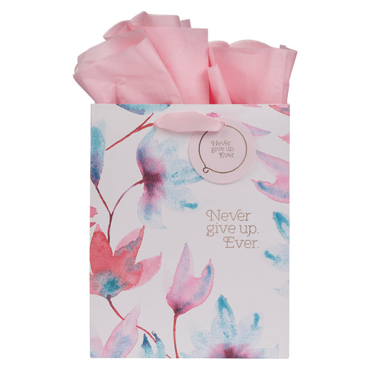 Never Give Up Ever Pink Petals Medium Gift Bag with Gift Tag