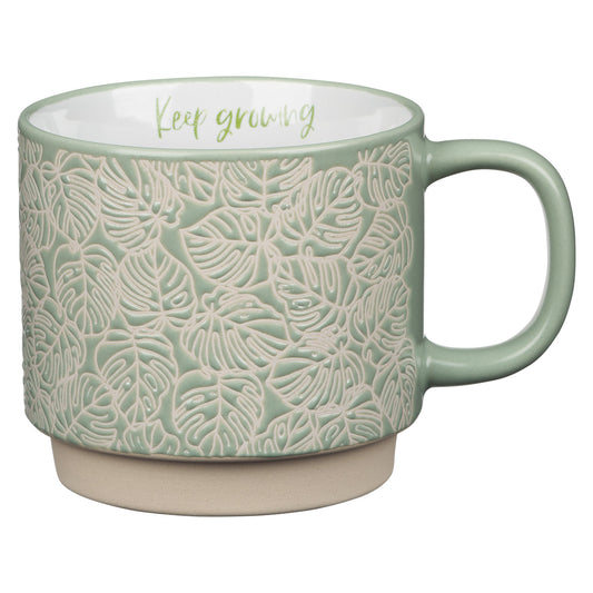 Keep Growing Light Shade Of Green Ceramic Mug With Leaf Motif