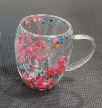 Double Walled Glass Cup (350ml)(Pink Blue Flowers)