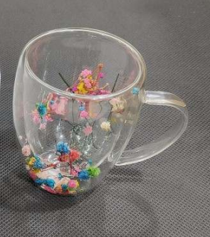 Double Walled Glass Cup (350ml)(Pink Blue Green Flowers)