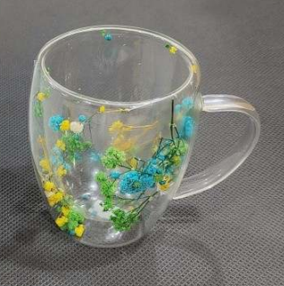 Double Walled Glass Cup (350ml)(Yellow Green Blue Flowers)