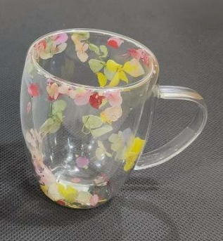 Double Walled Glass Cup (350ml)(Light Yellow Pink Flowers)