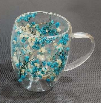 Double Walled Glass Cup (350ml)(Blue White Flowers)