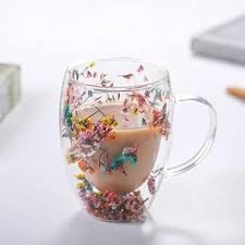 Double Walled Glass Cup (350ml)(Pink Blue Green Flowers)