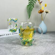 Double Walled Glass Cup (350ml)(Yellow Green Blue Flowers)