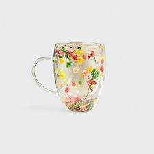 Double Walled Glass Cup (350ml)(Light Yellow Pink Flowers)