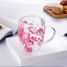 Double Walled Glass Cup (350ml)(Pink Flowers)