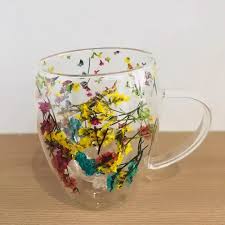 Double Walled Glass Cup (350ml)(Pink Yellow Flowers)