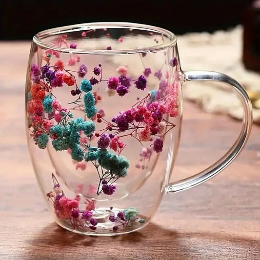 Double Walled Glass Cup (350ml)(Pink Blue Flowers)