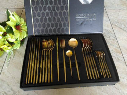 Polished Round Cutlery Set (24 pcs)(Gold)